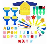 Pennelli Spugna per Pittura per Bambini Early Learning Kids Set 48 Pezzi tra Cui spugnetta, Pennello per Fiori, Grembiule Impermeabile a Manica Lunga e 26 Lettere