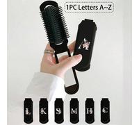 Pennello cosmetico nero pieghevole multifunzionale e compatto con cuscinetto d'aria, stampato con le iniziali da A a Z di fiori, pettine massaggiante con specchio, staccabile Lettera A (1 pezzo),Lette