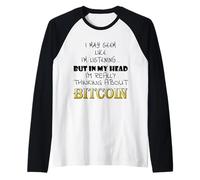 Pensando a Bitcoin Criptovaluta Divertente Crypto Meme BTC Maglia con Maniche Raglan