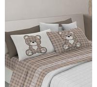 PENSIERI DELICATI Completo Letto Matrimoniale, 100% Cotone Caldo e Morbido, 2 Piazze 180x200cm, Include Lenzuolo sotto, sopra e 2 Federe, Made in Italy, Tartan Orsetto Beige