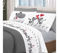 PENSIERI DELICATI Completo Letto Matrimoniale 100% Cotone, Completo Lenzuola Matrimoniali 180x200 Comprensivo di Lenzuolo sotto, sopra e 2 Federe, Made in Italy, Fantasia Gattini Grigio