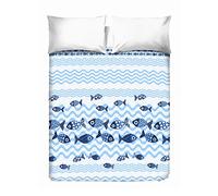 PENSIERI DELICATI Copriletto Matrimoniale 260 x 280 cm, 100% Cotone Pique, Ideale Come Telo Arredo, Coperta Salva Letto 2 Piazze, Fantasia Pesci Blu, 100% Made in Italy