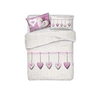 PENSIERI DELICATI Parure Copripiumino Matrimoniale 100% Cotone, Completo di Sacco 250x200cm e 2 Federe 52x82cm, Made in Italy, Copripiumino Lavabile In Lavatrice A 40°, Fantasia Cuore Appeso Rosa
