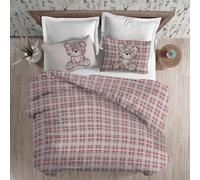 PENSIERI DELICATI Parure Copripiumino Matrimoniale Flanella 100% Cotone, Sacco 250X200 CM e Federa 52X82 CM, Made in Italy, Copripiumino Lavabile In Lavatrice A 40°, Fantasia Tartan Orsetto Rosso