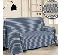 PENSIERI DELICATI Telo Copridivano 250 x 290 cm Made in Italy, Telo Copritutto 100% Cotone Puro Riciclato Tinto in Filo, Fantasia a Righe Blu, Ideale Come Telo Arredo, Salva Divano, Coperta Picnic