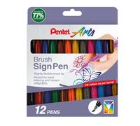 Pentel Arts Brush Sign Pen Assorted Original Colours (Pack 12) Stationery NUOVO
