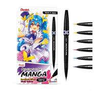 Pentel Manga Fantasy, 6 pennarelli a pennello + 1 bicchiere pieghevole