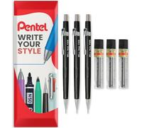 Pentel Matite meccaniche automatiche serie P200, mine HB, 3 matite + 3 tubetti di mine di ricarica, in confezione con cuscino (P205 (0,5 mm)