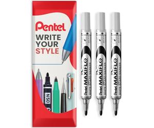 Pentel Maxiflo MWL5S - Pennarello per lavagna bianca, punta fine, inchiostro nero, confezione da 3 pezzi