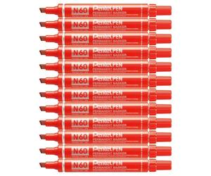Pentel Pen N60 Marcatore Permanente Punta Scalpello Rosso 12 Pezzi