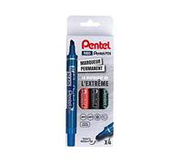 Pentel Pennarello indelebile a punta a scalpello, nero, Pochette de 4, nero/blu/rosso/verde