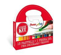 Pentel PTS Starter Kit pastelli per tessuto 15 pz e roller gel permanente per tessuti