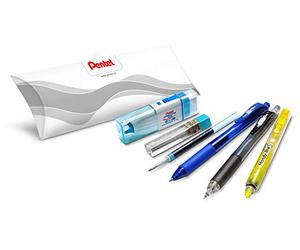 Pentel - Set di 6 pezzi di penne gel retrattile blu, 1 ricarica blu, 1 evidenziatore retrattile giallo, 1 portamine, 1 astuccio da 12 mine HB, 1 duo gomma correttore
