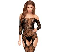 Set Reggicalze e Calze a Rete con Motivi Floreali e Graticciato (Nero) - XL