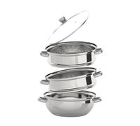 Pentola a vapore a 3 strati, in acciaio inox, impilabile, con coperchio in vetro trasparente e manici, per fornelli a induzione, fornelli a gas, 28 cm