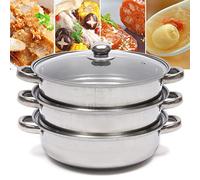 Pentola a vapore impilabile a 3 strati, 28 cm, in acciaio inox, per cucina, cottura a induzione, con copertura in vetro, durevole, antiruggine, rotonda, argento