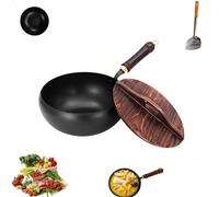 Pentola In Ferro Spesso Non Rivestita, Padella In Ferro Giapponese Suntuup, Padella Antiaderente Forgiata A Mano, Pentola Antiaderente Non Rivestita Di Grandi Dimensioni (Coperchio in legno,M-24cm)