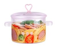 Pentola in vetro da 1,5 l, con coperchio e doppio manico, rosa trasparente, coperchio a forma di cuore, resistente al calore, per verdure, pasta, zuppa, latte e insalata