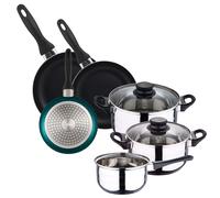 Pentola inox 5pz + Set 3 padelle Ø16Ø20Ø24 alluminio stampato, vari colori