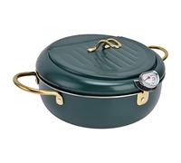 Pentola per Friggitrice, 24 cm Giapponese Tempura Friggitrice Pentola per Friggere in Acciaio Inossidabile con Termometro e Coperchio della Griglia Antigoccia(Verde scuro)