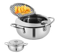 Pentola per friggitrice da 2,2 l, con coperchio e griglia di gocciolamento dell'olio, padella in acciaio inox stile giapponese per tempura con temperatura contro, per patatine fritte gamberetti