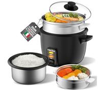 Pentola per riso da 1L con vaporiera e pentola interna antiaderente. Prepara zuppe, stufati, cereali e mantieni caldo, include accessorio per vapore, cucchiaio tazza misuratrice (nero A)