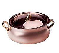 Pentole Agnelli ALCU108C24 Casseruola Bassa Bombata con Due Maniglie in Ottone e Coperchio, Rame liscio stagnato a mano, 24 cm