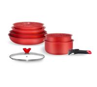 Arthur Martin, AMR88, Set pentole in alluminio 8 pezzi con rivestimento antiaderente, manici removibili e coperchi in vetro, compatibile con tutte le fonti di calore, 20-24-28 cm, Rosso