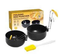 Pentole per uova in camicia, 8 x 10 cm, set con manico pieghevole in acciaio inox, grande capacità, con coperchio in silicone, spazzola per olio inclusa, kit di gadget da cucina gourmet
