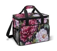 Peonie rosse e bianche foglie verdi borsa termica da campeggio isolata refrigeratori da spiaggia borse portatili a prova di perdite con tracolla
