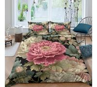 Peony bloomsSet Di Copripiumino ultra Set di 3 Pezzi stampa 3D con cerniera Vintage floral pattern copripiumino incluso federe aiosa ultra morbido e traspirante for bambini Single（140x200cm）