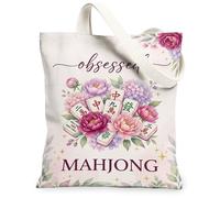 Peony Canvas Tote Bag per le donne, floreale elegante floreale Mahjong piastrelle Nessuno pesca lavabile riutilizzabile piccola borsa tote idee per, Pesca, 13x15 Inch