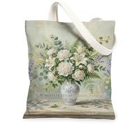 Peony Canvas Tote Bag per le donne, floreale romantico giglio eucalipto primavera bianco lavabile riutilizzabile piccole borse tote per Shoppin, bianco, 13x15 Inch