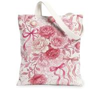 Peony Canvas Tote Bag per le donne, floreale romantico nastro rosa primavera pesca lavabile riutilizzabile piccole borse tote idee per shopping, Pesca, 13x15 Inch