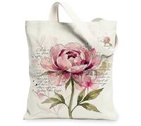 Peony Canvas Tote Bag per le donne, floreale vintage foglie testo primavera pesca lavabile riutilizzabile estetica Tote Bag Idee per Tra, Pesca, 13x15 Inch