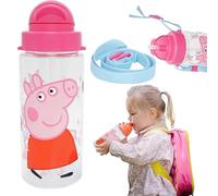 Peppa Pig, Borraccia in plastica, senza BPA, con cannuccia con cinghia, 500 ml, a prova di perdite, anti-fuoriuscita, per l'estate, per ciclismo, corsa, viaggi, ritorno a scuola, bambini dai 3 anni in