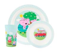 Peppa Pig Set da tavola in polipropilene, 3 pezzi, con bicchiere, ciotola e piatto, stoviglie per bambini con peppa, mamma, papà, George ed Evie Pig, adatto al microonde e alla lavastoviglie, dai 36