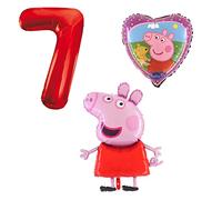 Peppa Pig - Set di 3 palloncini Peppa in pellicola, numero 7, colore rosso, Peppa con cuore di orsacchiotto