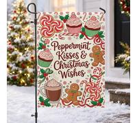 Peppermint Christmas Wishes Citazione Gingerbread Man Garden Flag 30,5 x | Uomini di pan di zenzero, bandiera da cortile, caramelle alla menta piperita, cacao caldo, cupcake, agrifoglio