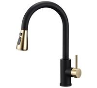 Peppermint Miscelatore monoblocco per lavello da cucina estraibile, stile moderno, facile da montare, monocomando, con 3 modalità di spruzzo, nero opaco e oro spazzolato