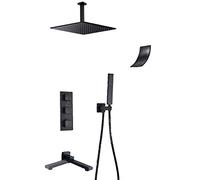 per a Pioggia Nera Opaca termostatica Set di rubinetti da Bagno Montato su soffitto con Doccia Portatile, beccuccio della Vasca Girevole, 8 Pollici