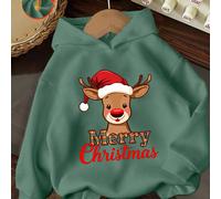 Per adolescenti/bambini, con una renna dei cartoni animati che indossa un cappello da Babbo Natale e la scritta artistica "Merry Christmas", felpa/felpa con spalle scese, maglia a maniche lunghe overs