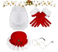 per costume da Babbo Natale - Set di 4 pezzi con morbido berretto in tessuto, occhiali, grembiule e guanti. Costume di Natale completo per donne, feste, cosplay e spettacoli teatrali