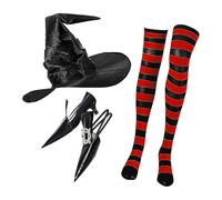 per costumi da stregone - Outfit di cosplay di Halloween per donne, coperture per scarpe appuntite con fibbie, calze di elfo e cappello da stregone classico | 3pcs Halloween Dress-up Set per