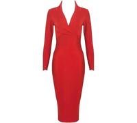 per Donna Aderente Abito da Sera Sexy Profondo Scollo A V Feste Discoteca Fasciatura Maniche Lunghe Vestito Bustier, Red, S