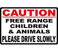 Per i segnali di avvertimento all'aperto Attenzione Free Range Bambini & Animali Segno Drive lentamente rallentare le velocità del vicino più lentamente. 8 × 12 pollici metallo stagno segni per la sicurezza stradale industriale W096