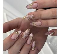 Per manicure alla mandorla con floreale a punta | Set riutilizzabile nudo con linguette adesive per preparare facilmente la bellezza a casa e look per le feste