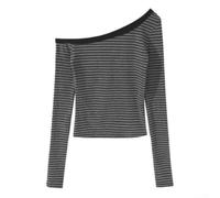 per top Donna per y2k Scollo Asimmetrico, Manica Lunga, Rigato(Black XL) | Per Serate per y2k, Scollo Asimmetrico Unico, Ideale per Giovani, Tessuto 95% Poliestere, Taglie S-XL