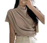 per top Donna Solido Collo Alto Manica Corta Design Asimmetrico(Light Brown L)