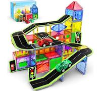 Perbabe Blocchi da costruzione magnetici, T2-72 pezzi, magneti per bambini, più forti, piastrelle magnetiche per strada della città, set con 2 auto, gioco magnetico a partire da 3, 4, 5, 6, 7, 8 anni